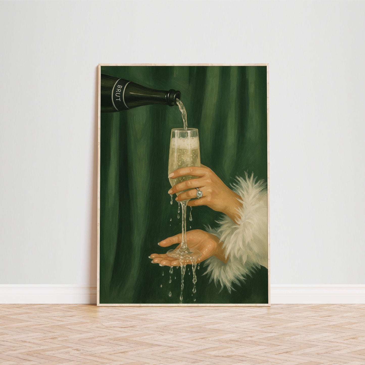 Feminine Luxe Art Print – Champagne Wall Art | Deep Green & Gold Decor