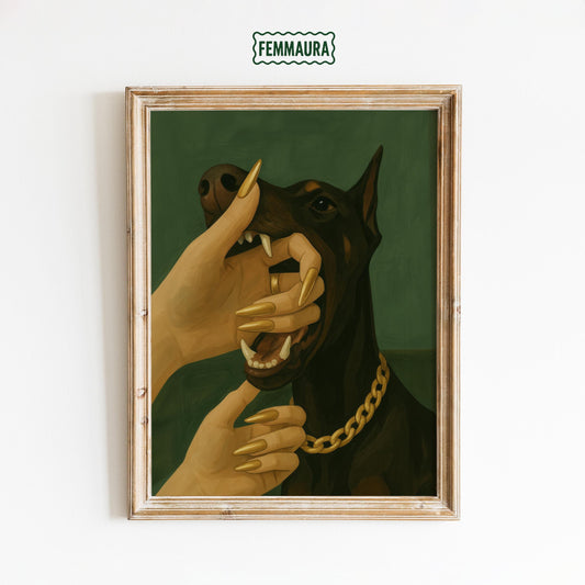 Doberman Wall Art – Dark Feminine Poster With Golden Nail Gothic Decor