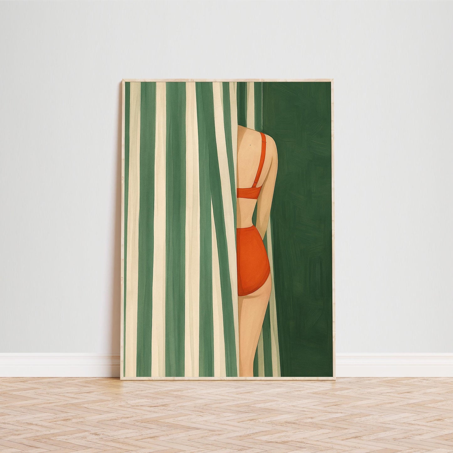 Retro Swimsuit Poster – Striped Curtain Art With Bold Feminine Wall Decor