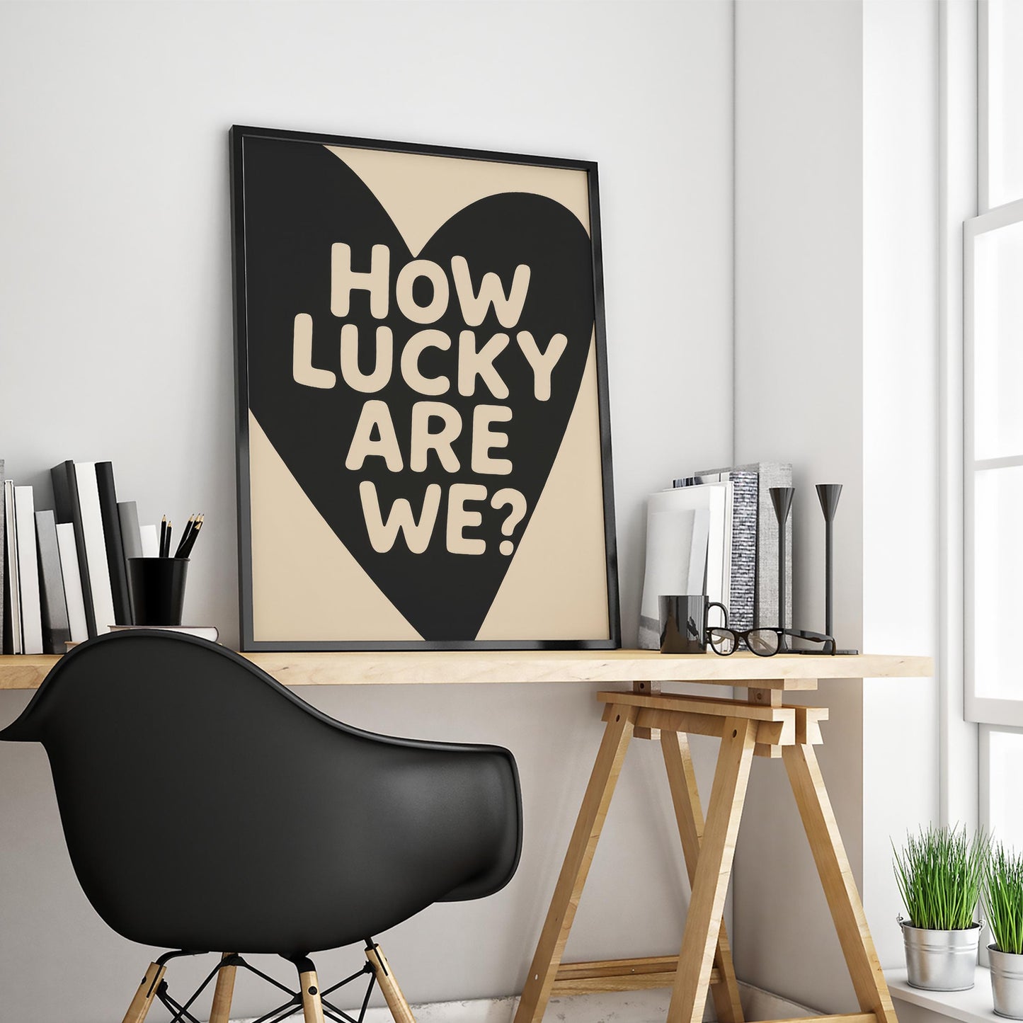 Minimalist Love Wall Art – Romantic Black Heart Design on Cream Poster