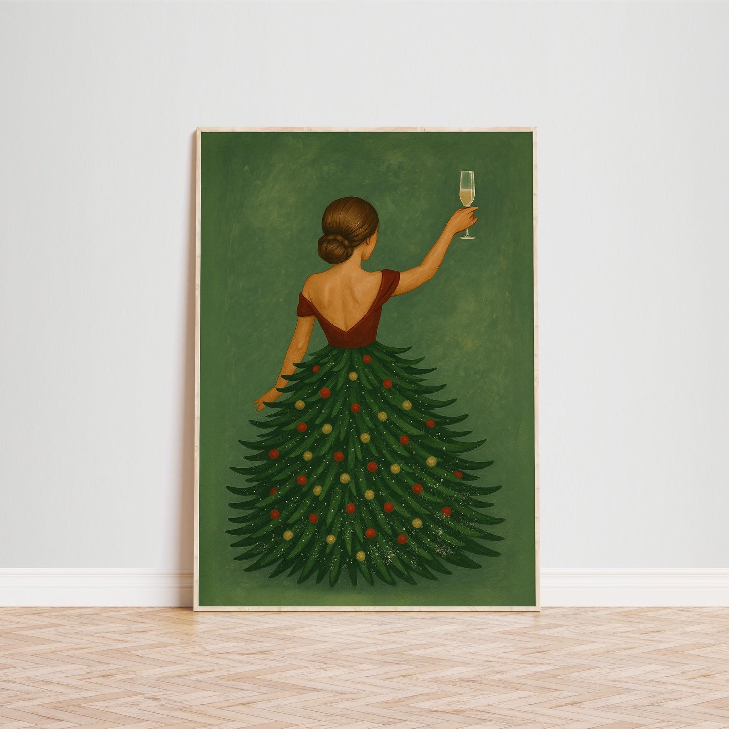 Christmas Tree Dress Poster – Elegant Holiday Wall Art With Festive Woman Print