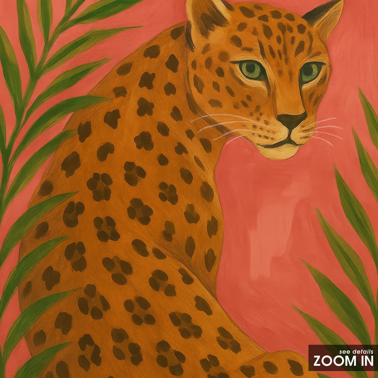 Golden Leopard Wall Art – Vibrant Red Background With Palm Leaf Artwork Print