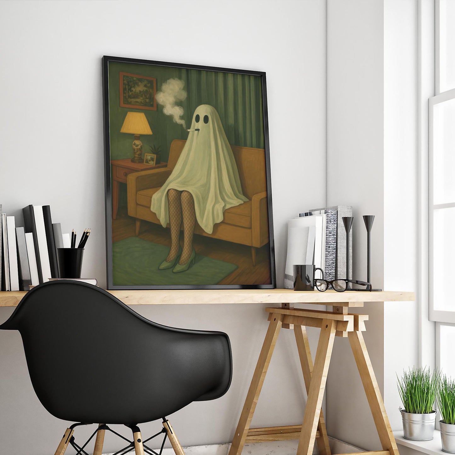 Retro Gothic Wall Art – Smoking Ghost Surreal Print With Dark Humor