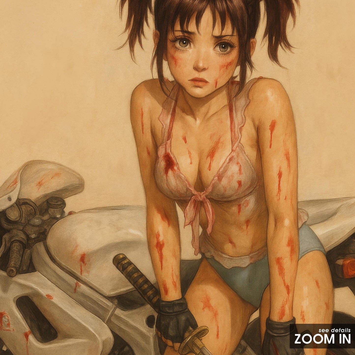 Anime Warrior Art Print – Bloody Biker Girl Femme Fatale Poster With Katana