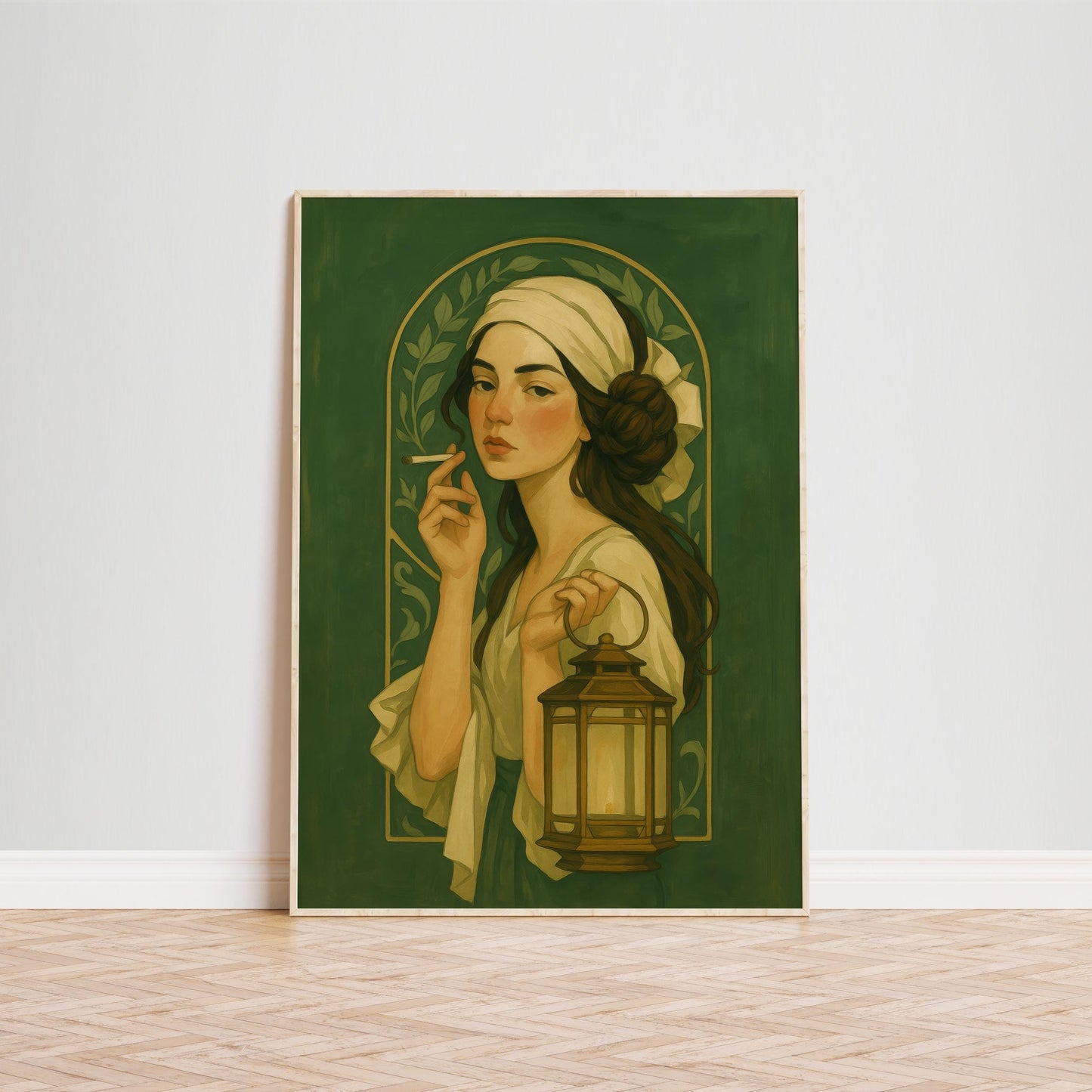 Dark Feminine Art Print – Mystic Woman Lantern Art Nouveau Poster, Moody Interior
