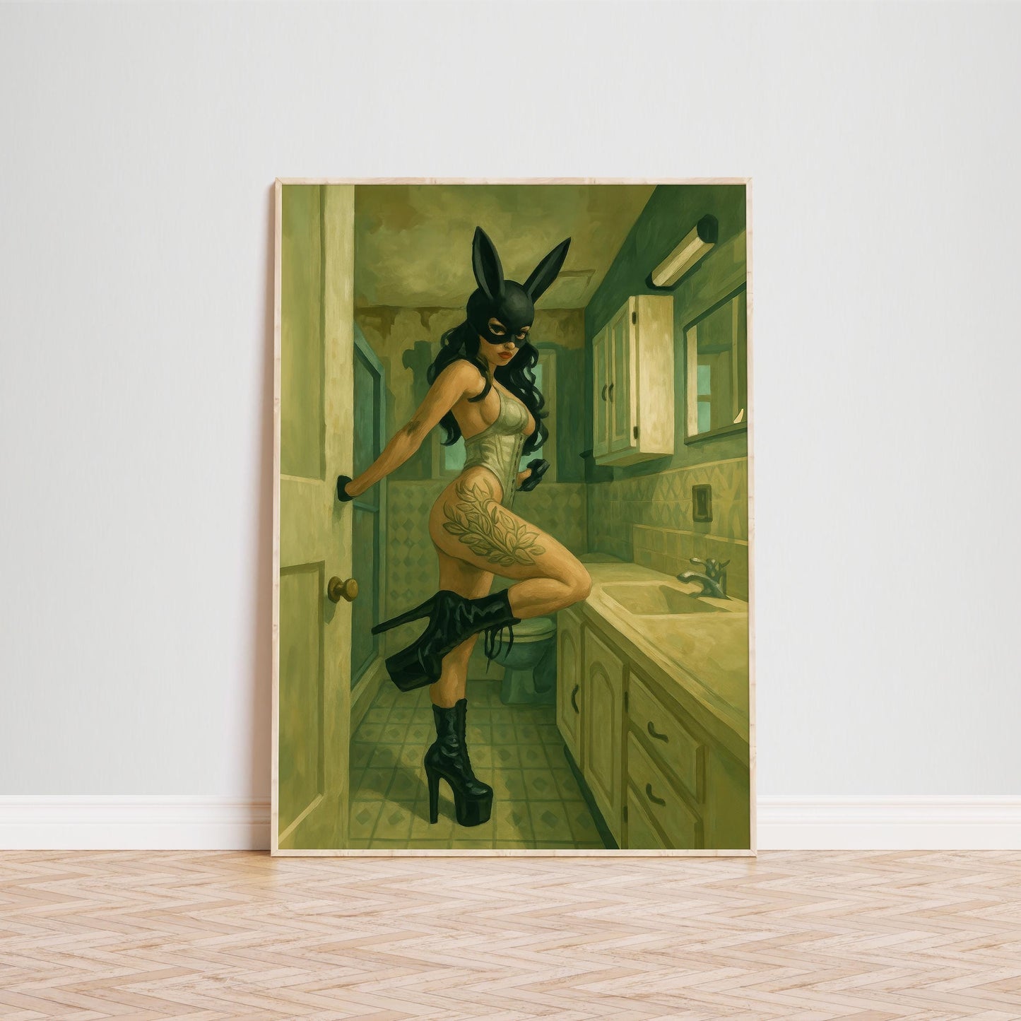 Bunny Mask Art Print – Bold Retro Woman Poster | Fetish Wall Art & Edgy Decor