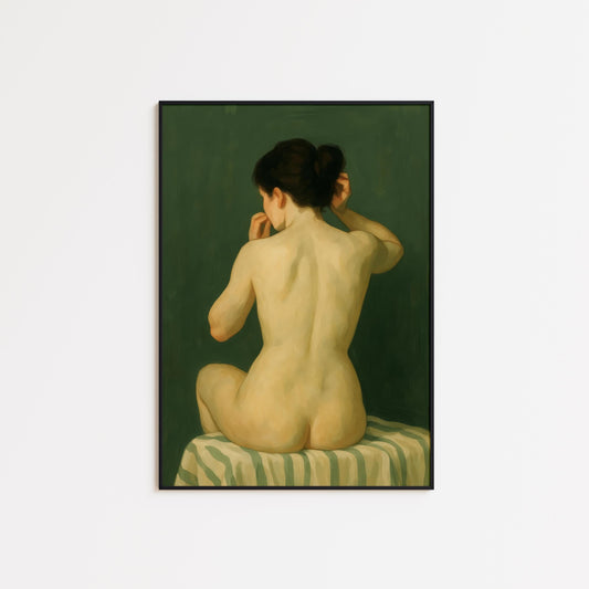 Vintage Nude Wall Art – Minimalist Green Female Back Portrait Print