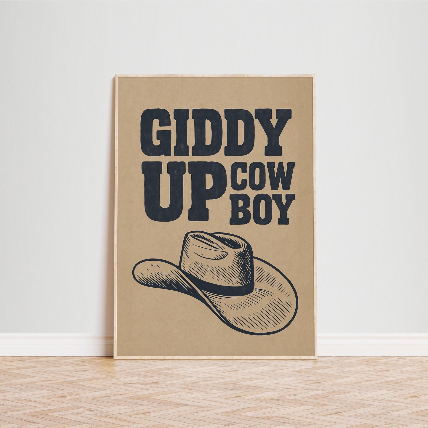 Giddy Up Cowboy Print – Rustic Western Wall Art with Hat Illustration