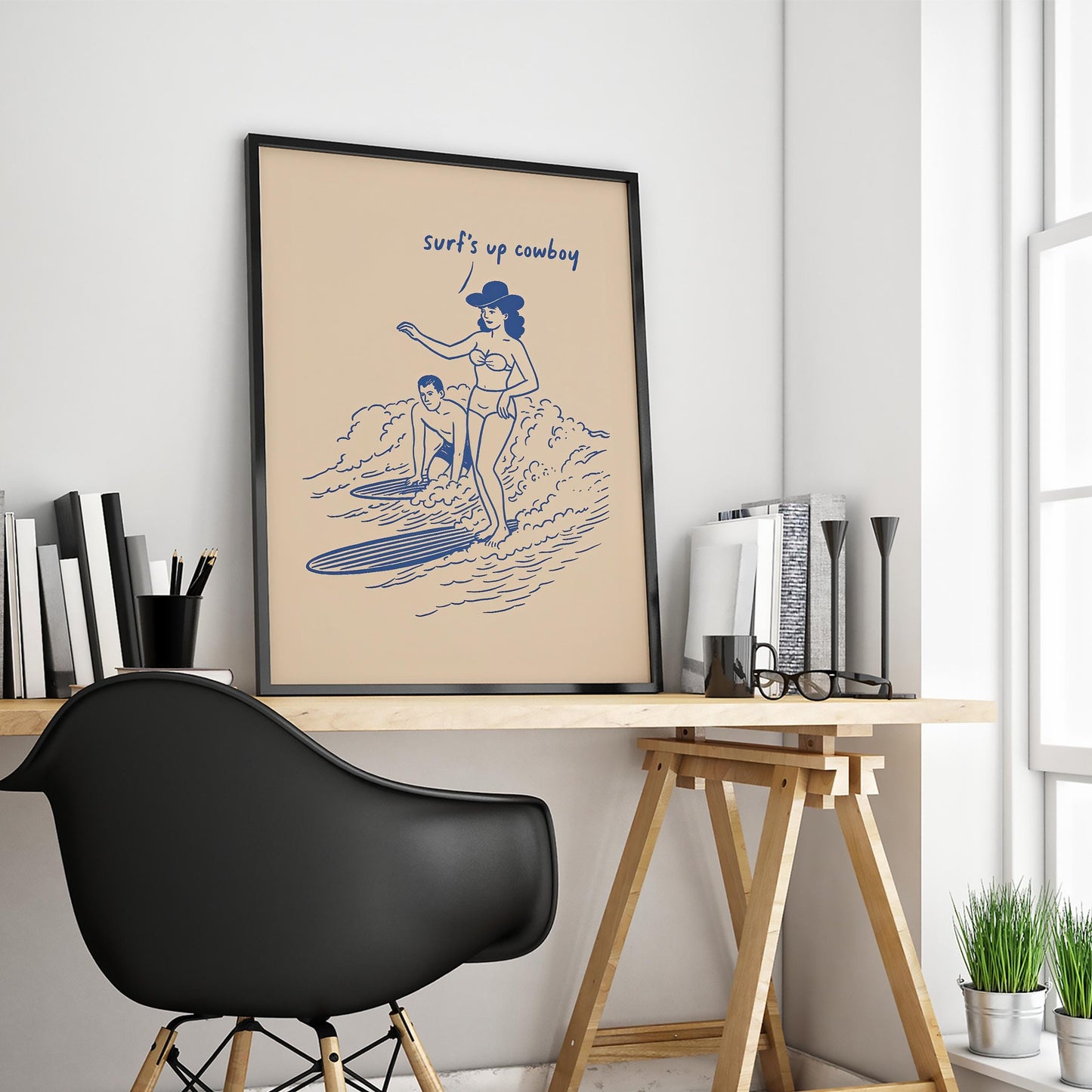 Retro Cowgirl Surf Art – Playful Western Beach Decor With Comic Style Illustration