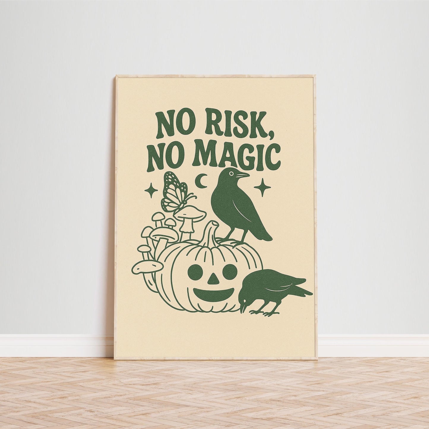No Risk No Magic – Witchy Minimal Poster, Crow and Pumpkin Wall Art
