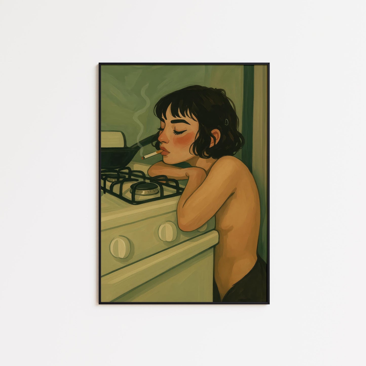 Sad Girl Smoking Poster – Moody Kitchen Art Print | Soft Erotic Feminine Illustration