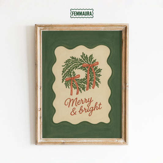 Christmas Wall Art – Merry & Bright Retro Green Holiday Poster