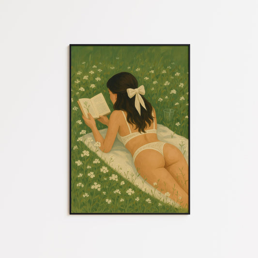 Feminine Wall Art – Reading Girl Print | Cozy Meadow & Romantic Bedroom Decor