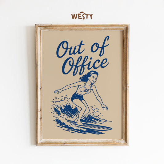 Out of Office Poster – Retro Surfer Girl Summer Wall Art
