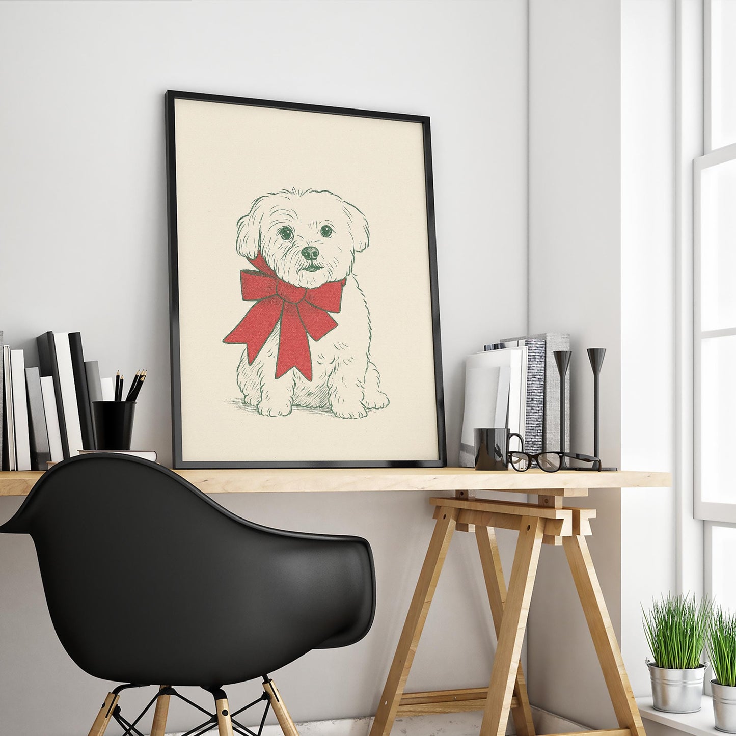 Christmas Puppy Poster – Cute Dog with Red Bow Holiday Art Print