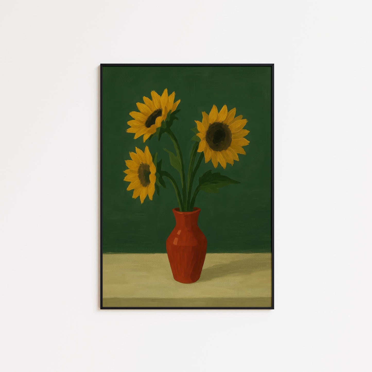 Sunflowers Wall Art – Bright Floral Print With Red Vase Artwork | Rustic Kitchen Decor