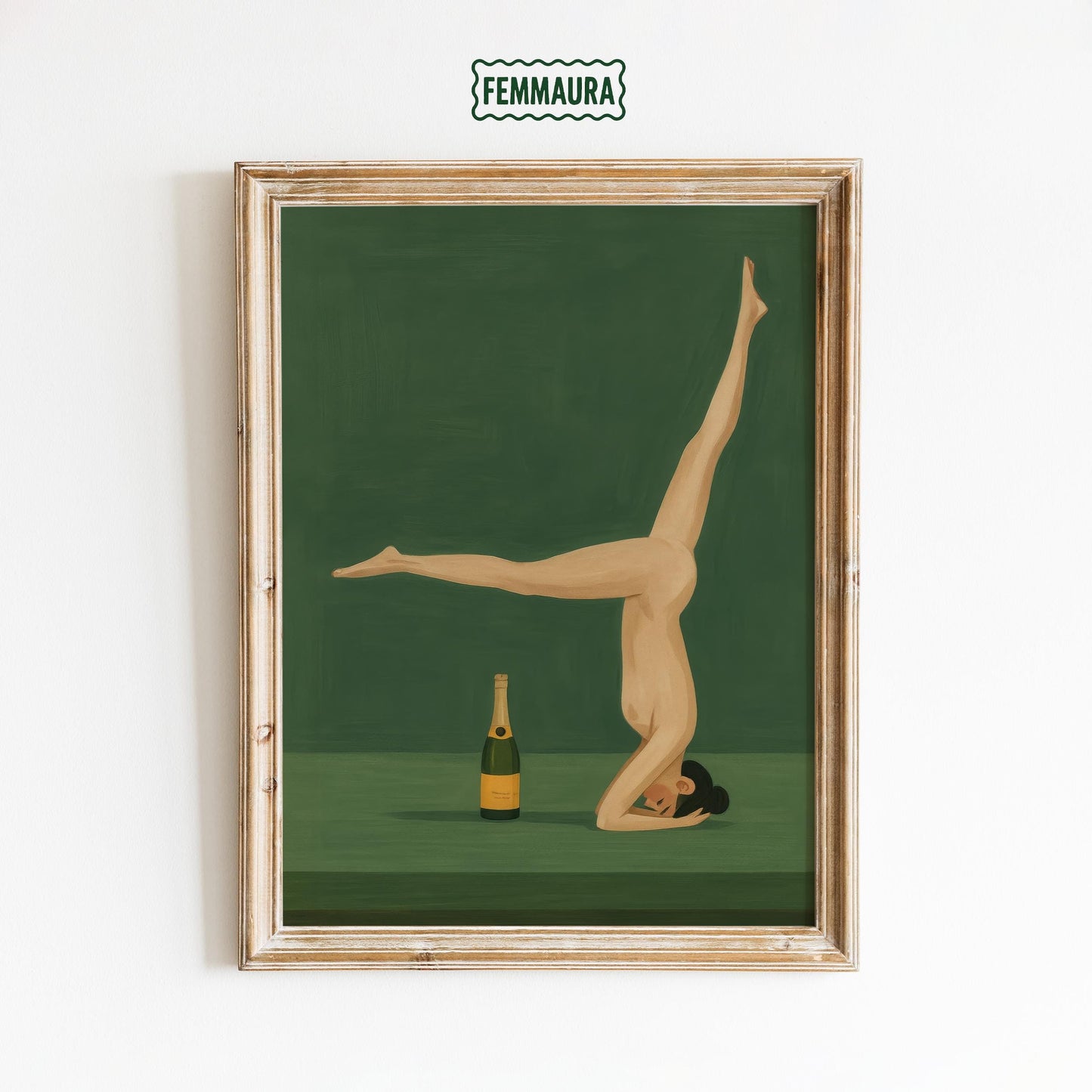 Champagne Nude Yoga Art – Minimalist Retro Poster | Green Wall Decor & Sensual Illustration