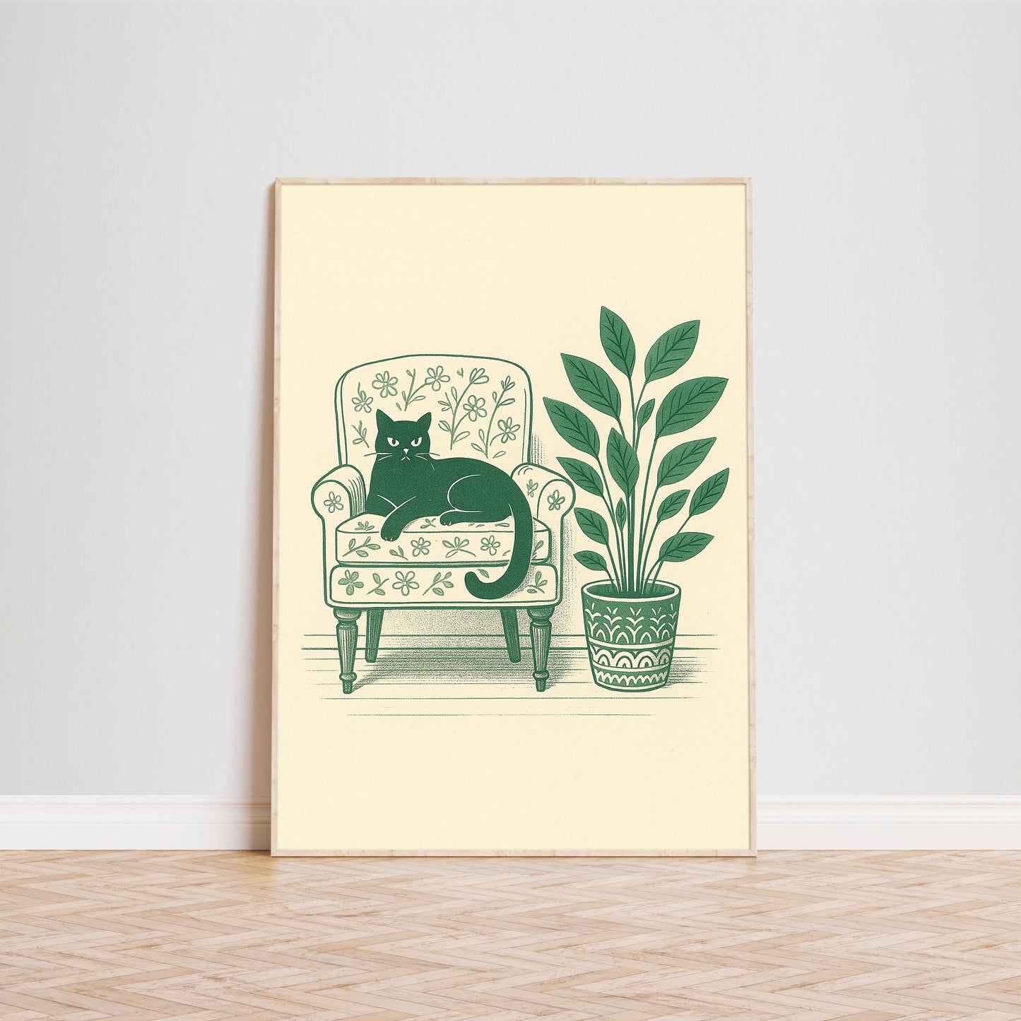 Lazy Afternoon Cat – Minimal Line Art Poster, Vintage Floral Chair Illustration