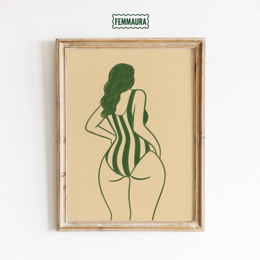 Striped Swimsuit Poster – Feminist Wall Art | Body Positive Decor, Minimalist Figure Print