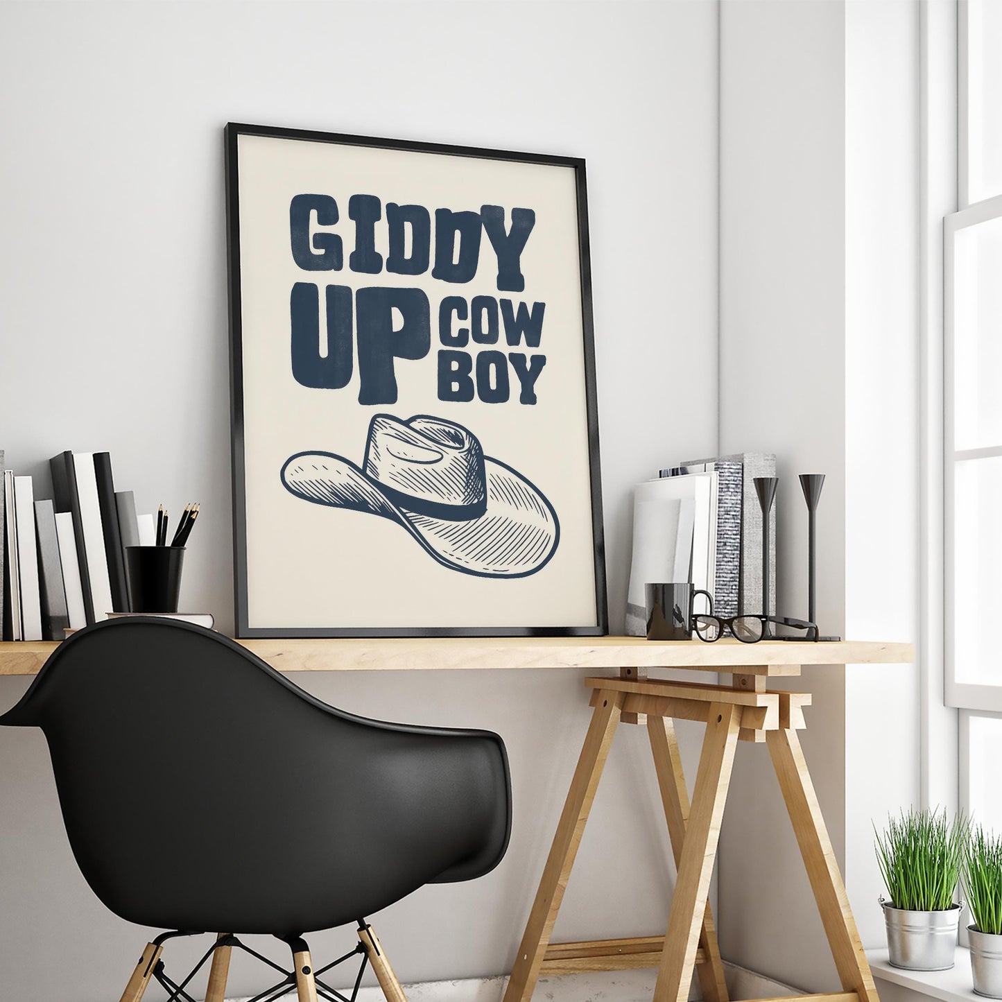 Giddy Up Cowboy Poster – Western Hat Print in Navy Blue