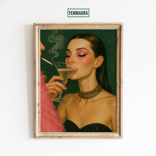 Feminine Nightlife Art – Martini Moment Illustration | Glam Smoke Art Print