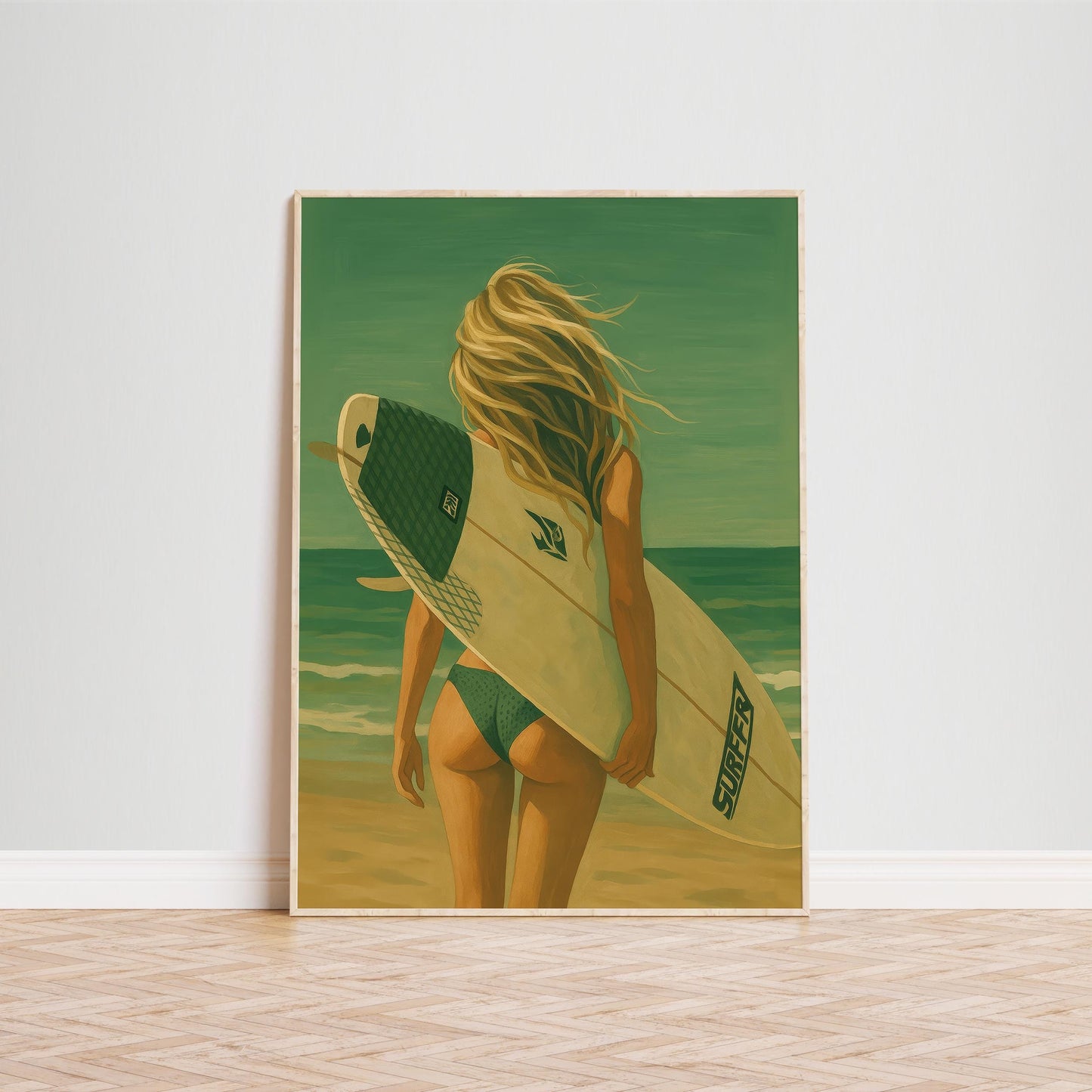 Vintage Surfer Girl Poster – Retro Beach Wall Art With Warm Coastal Tones