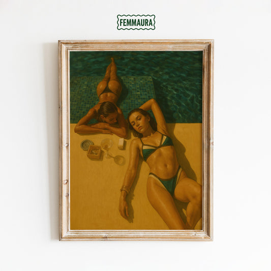 Vintage Summer Poster – Retro Wall Art With Feminine Poolside Decor & Gold Tone