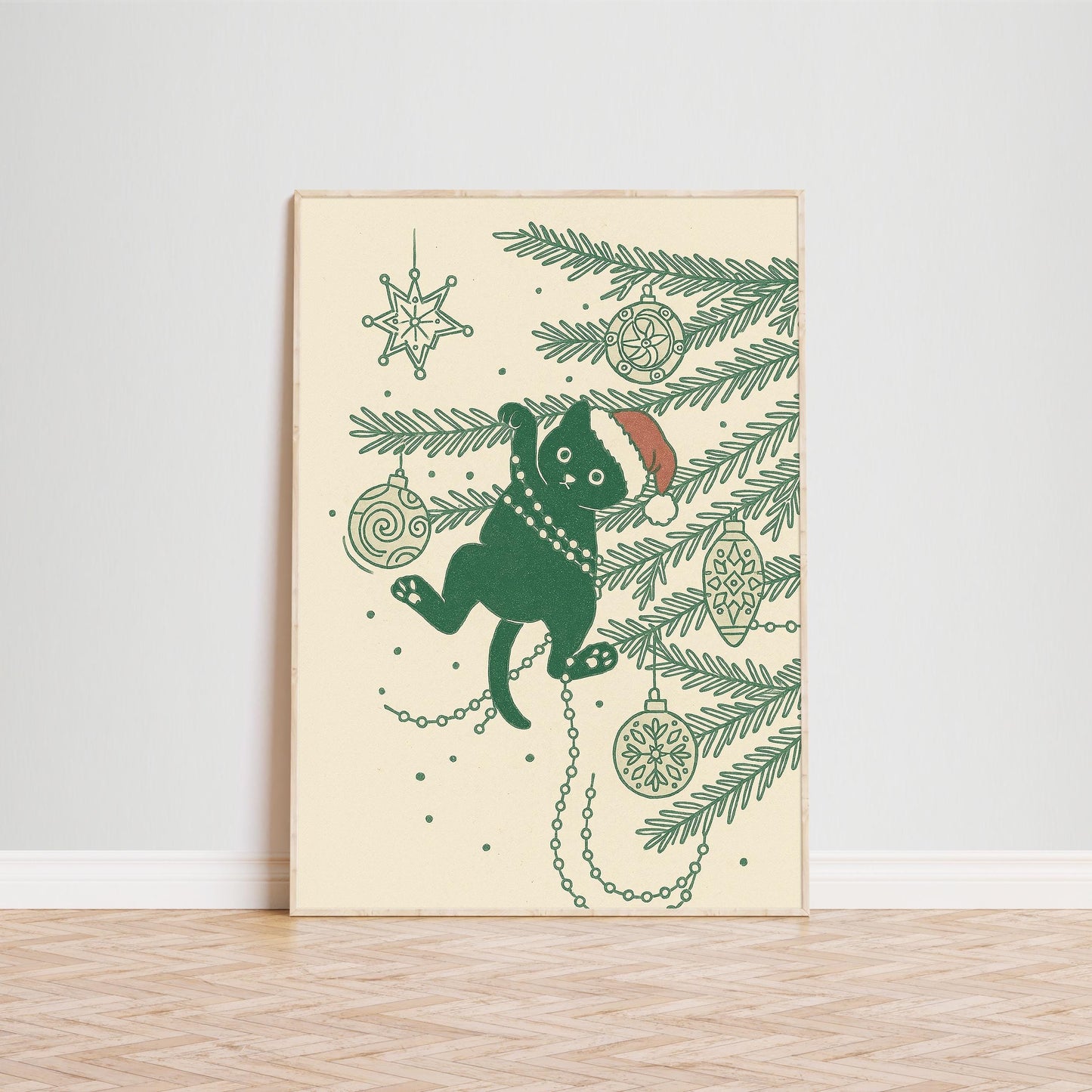 Christmas Cat Poster – Minimal Holiday Wall Print | Retro Green Line Art