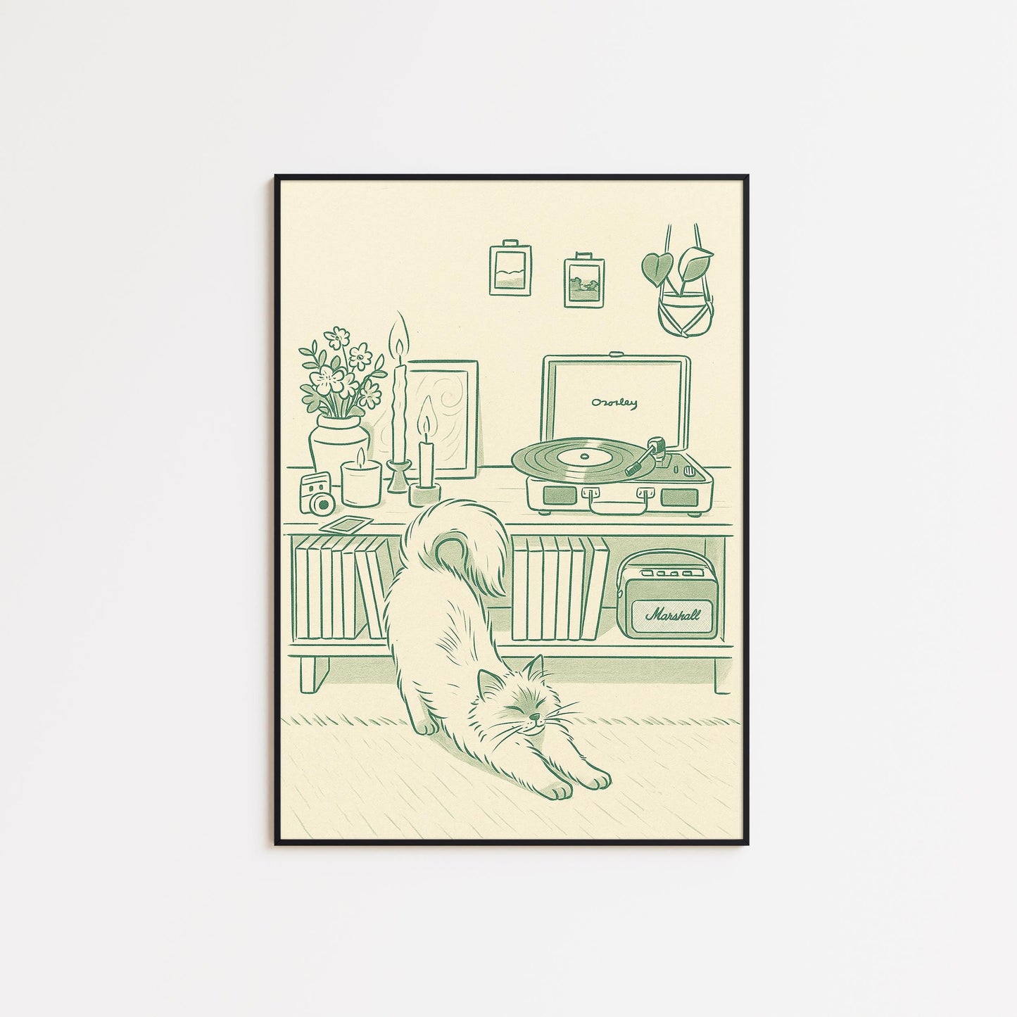 Cozy Cat and Vinyl Poster – Retro Minimal Line Art, Warm Home Decor