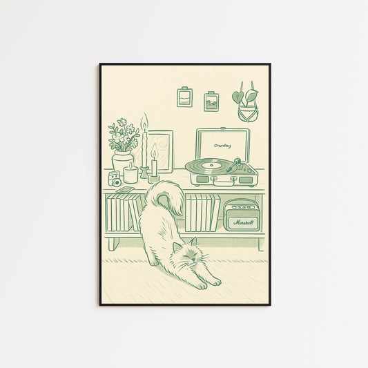 Cozy Cat and Vinyl Poster – Retro Minimal Line Art, Warm Home Decor
