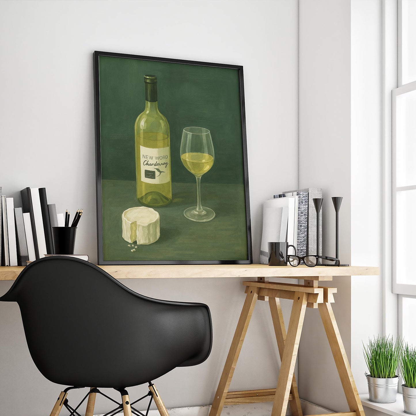 Chardonnay Cheese Poster – Minimalist Wine Print | Olive Green Vintage Wall Art