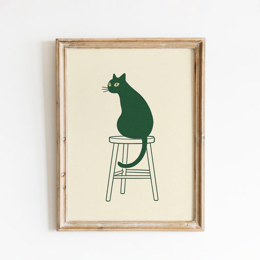 Minimal Cat on Stool – Scandinavian Line Art Poster, Cozy Neutral Wall Print