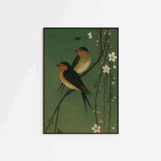 Vintage Bird Wall Art – Barn Swallow Print with Cherry Blossom Floral Decor