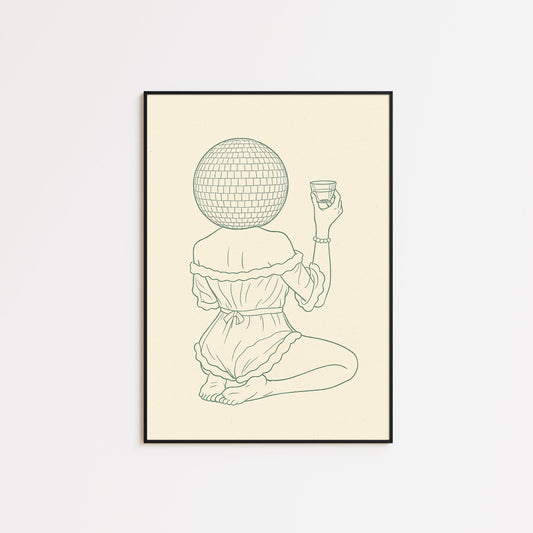 Disco Girl Line Art Print – Minimalist Retro Wall Art, Modern Feminine Poster