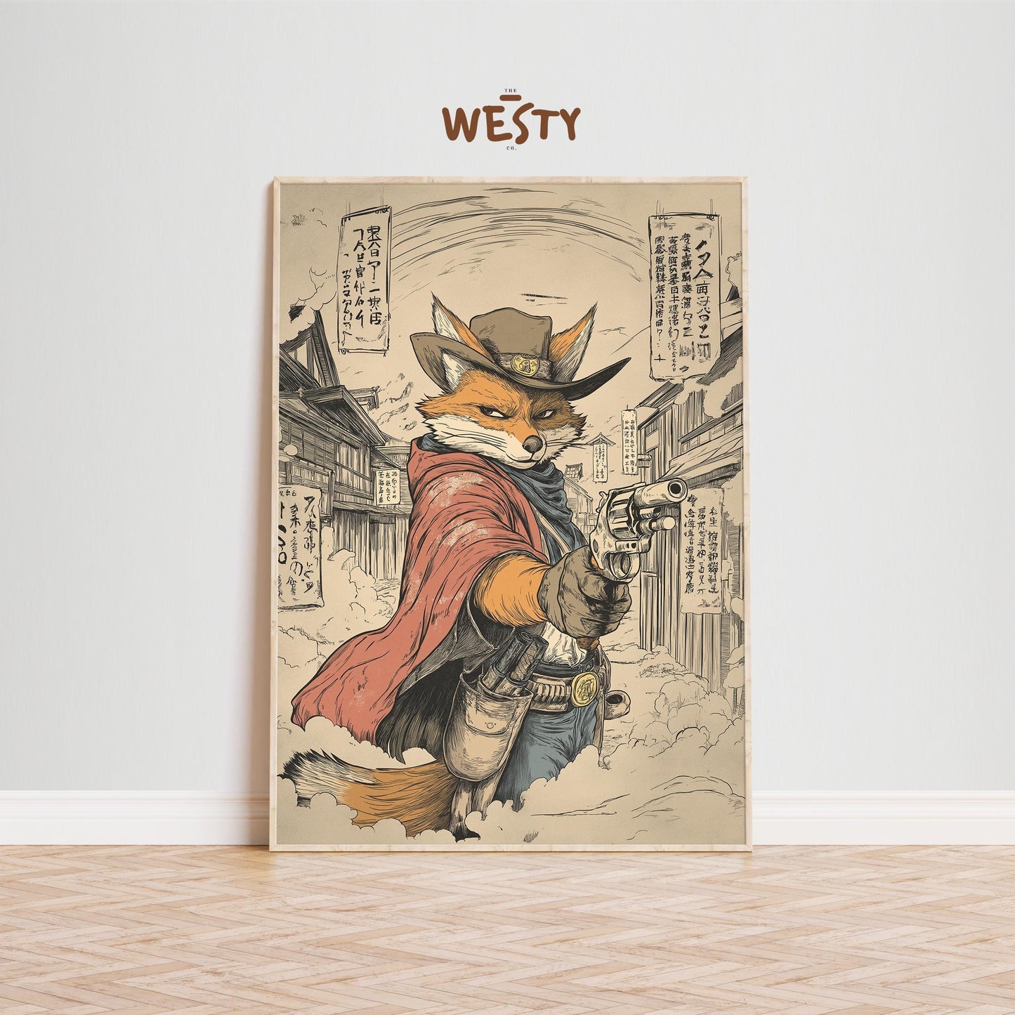 Fox Gunslinger Poster – Wild West Samurai Town Mashup Wall Art