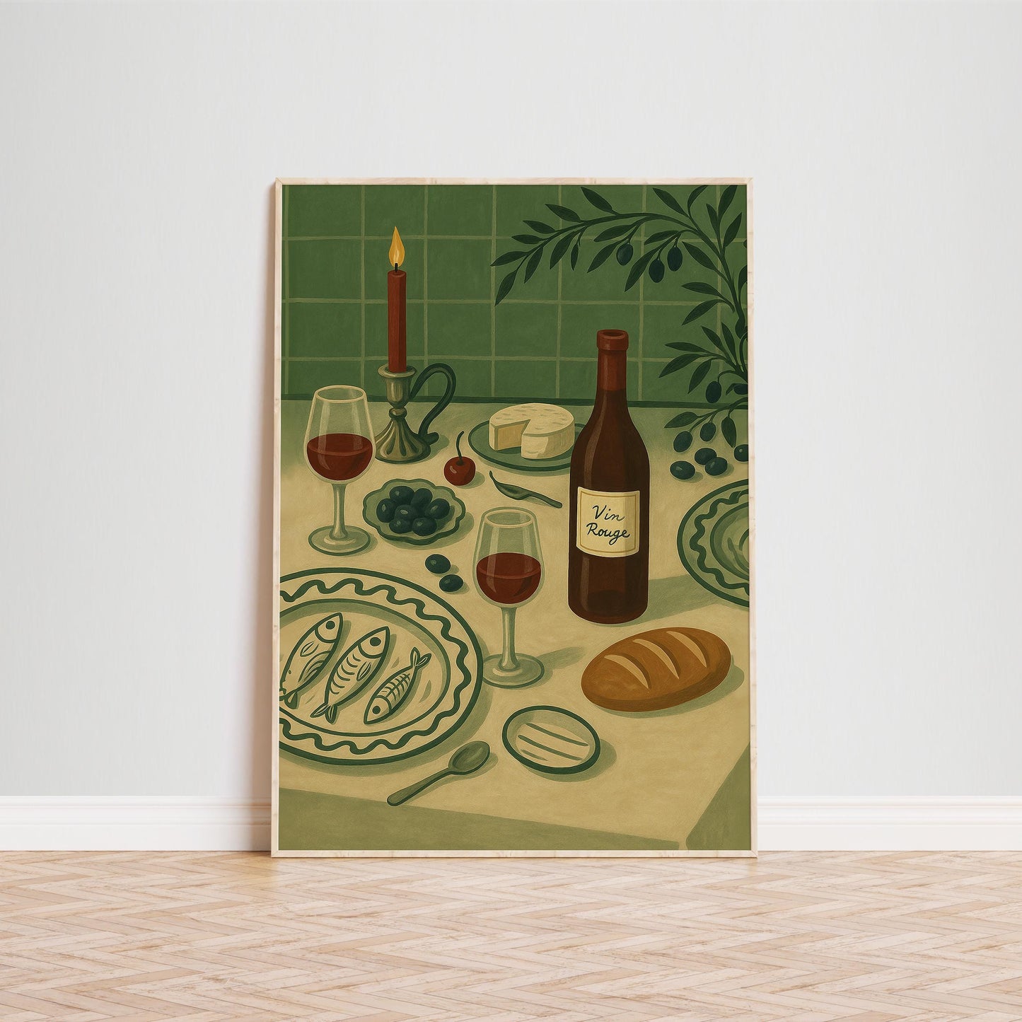 Vin Rouge Poster – French Kitchen Art With Retro Dining Scene & Olive Green Decor