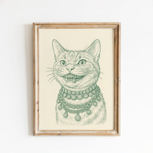 Cool Cat Line Art Poster – Funny Vintage Illustration, Quirky Animal Wall Decor
