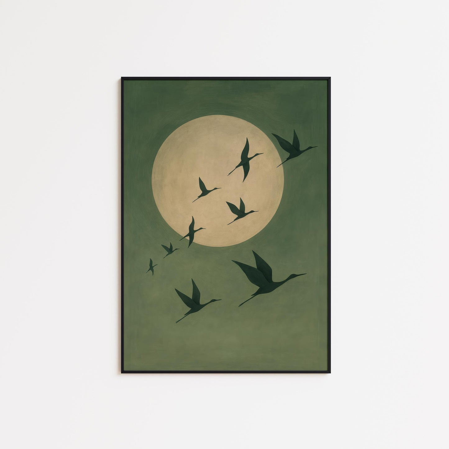 Minimalist Crane Moon Poster – Soothing Bird Wall Art in Green and Gold Tones