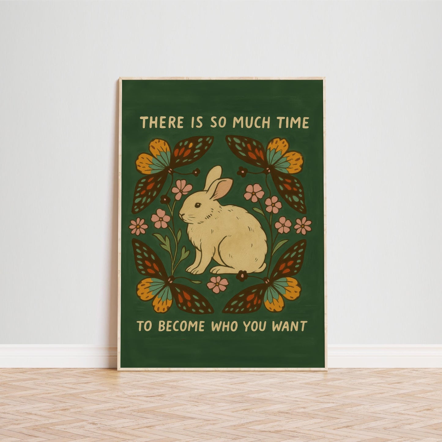 Inspirational Quote Poster – Folk Art Print With Rabbit & Butterfly Wall Decor