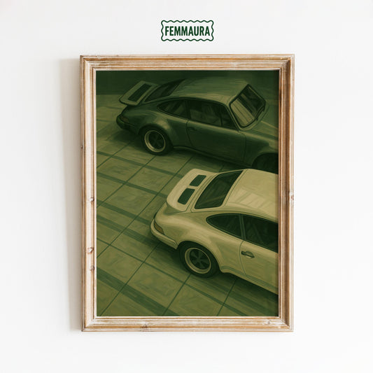 Classic Porsche Wall Art – Vintage Car Artwork Green Retro Poster Print