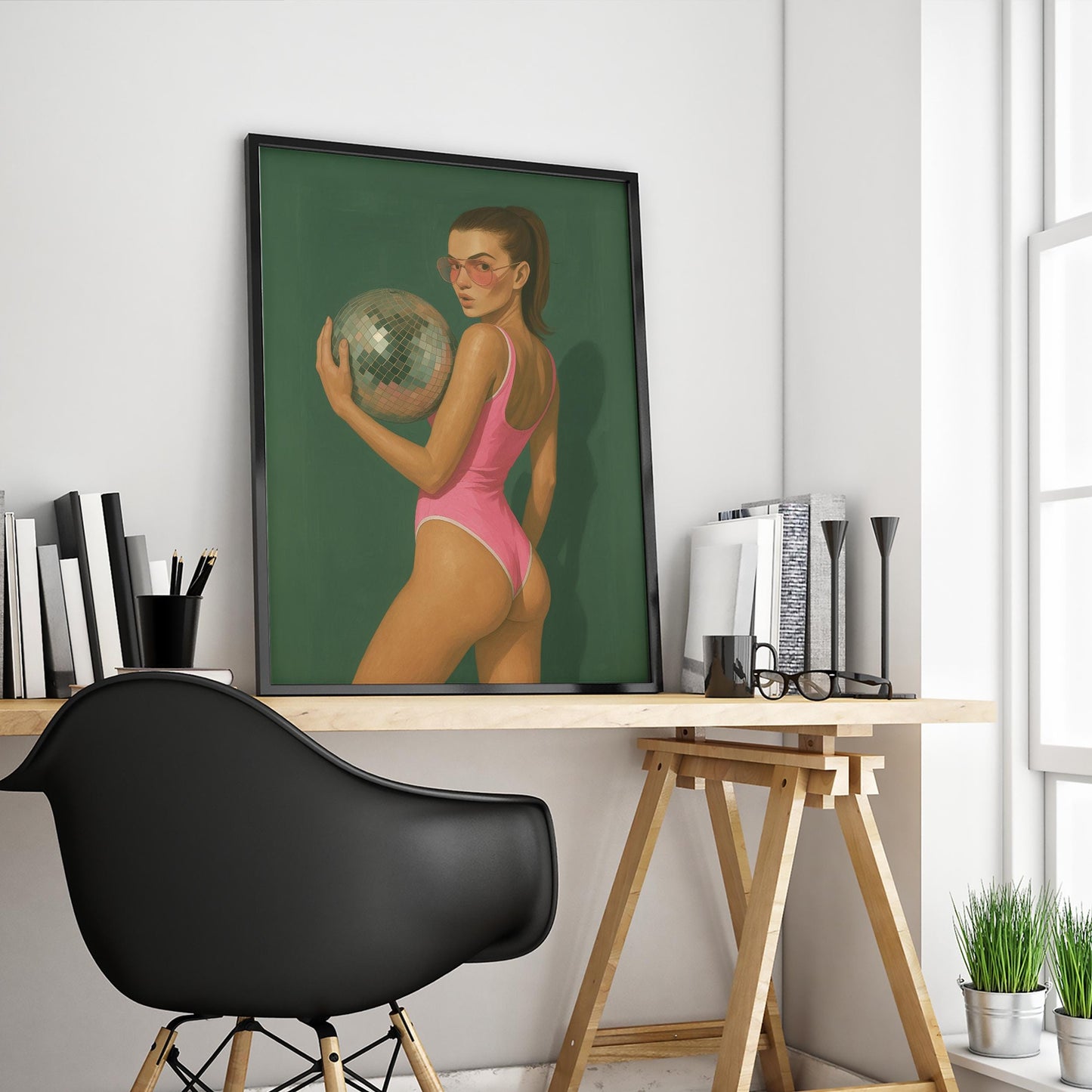 Retro Glam Poster – Bold Pink Swimsuit Art With Disco Ball Wall Decor