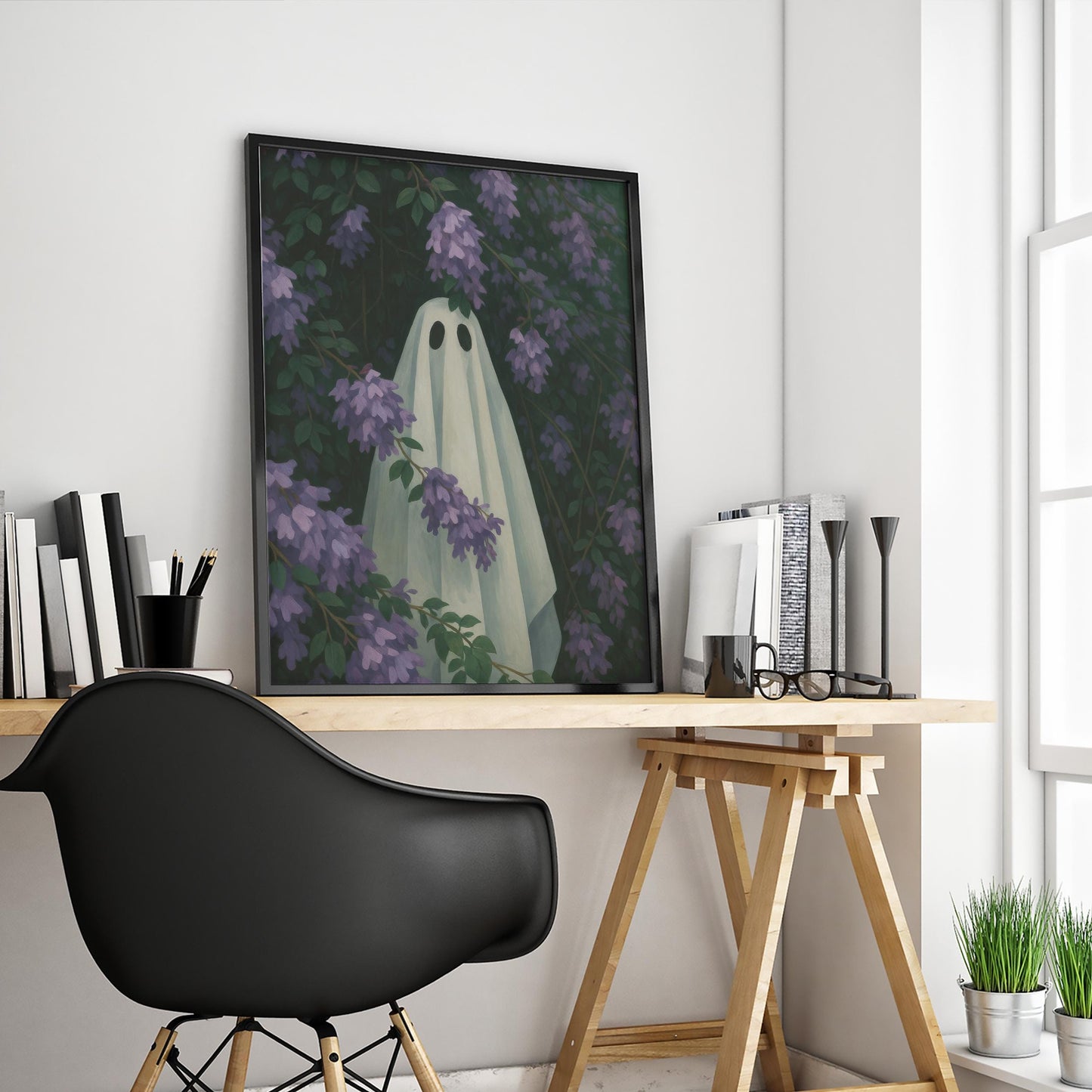 Gothic Nature Wall Art – Whimsical Ghost Floral Print for Dark Academia Decor