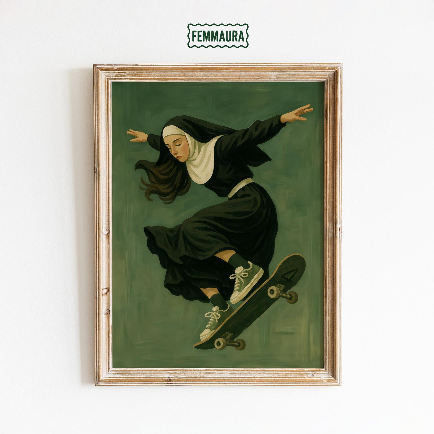 Rebel Nun Wall Art – Surreal Skateboard Print | Bold Gothic Decor