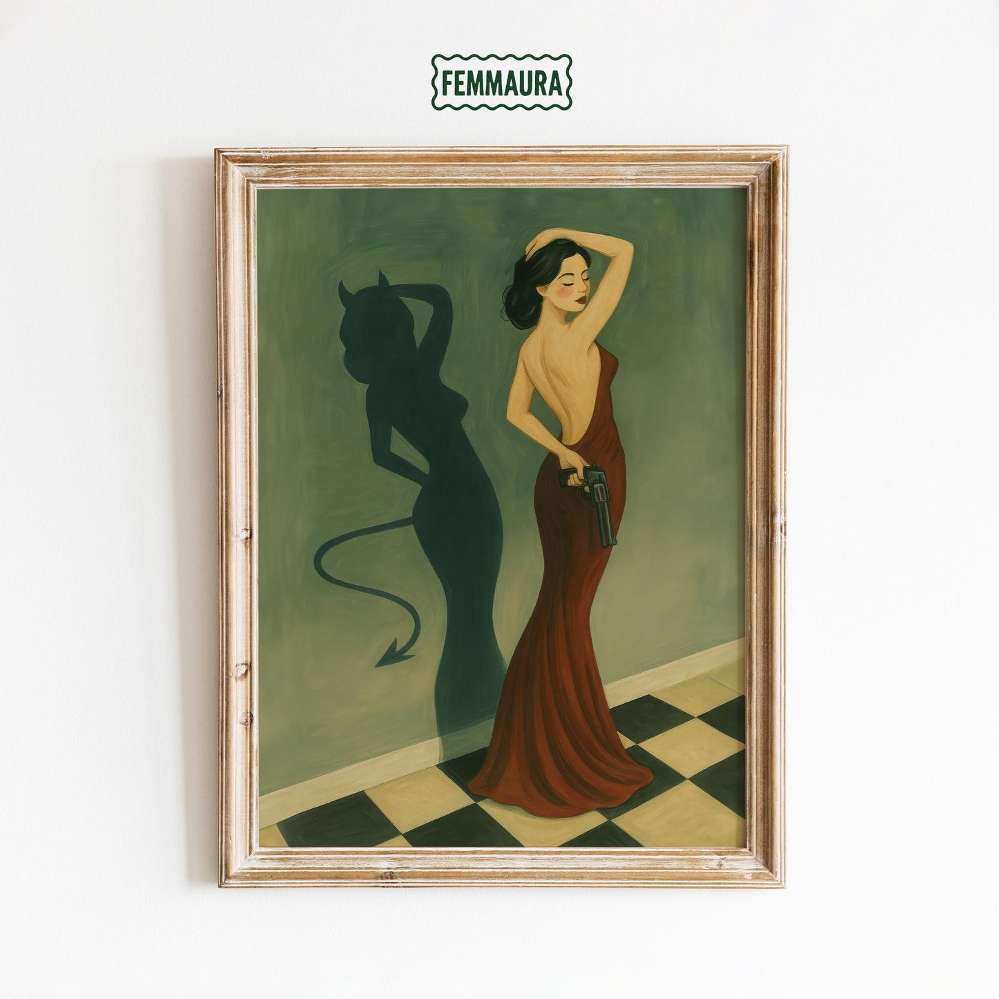 Femme Fatale Wall Art – Red Dress Shadow Art Poster | Noir Inspired Decor