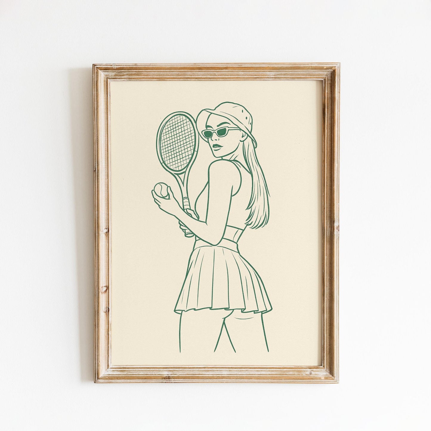 Vintage Tennis Girl Poster – Minimal Green Line Art Wall Print