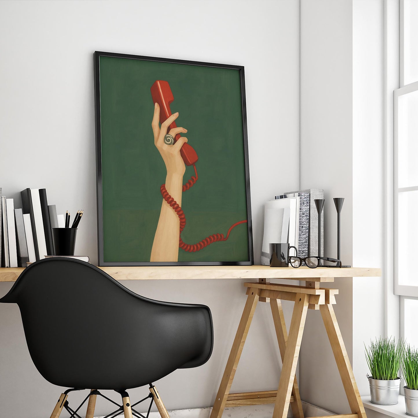 Red Telephone Poster – Retro Phone Art With Feminine Wall Decor & Nostalgic Vibe
