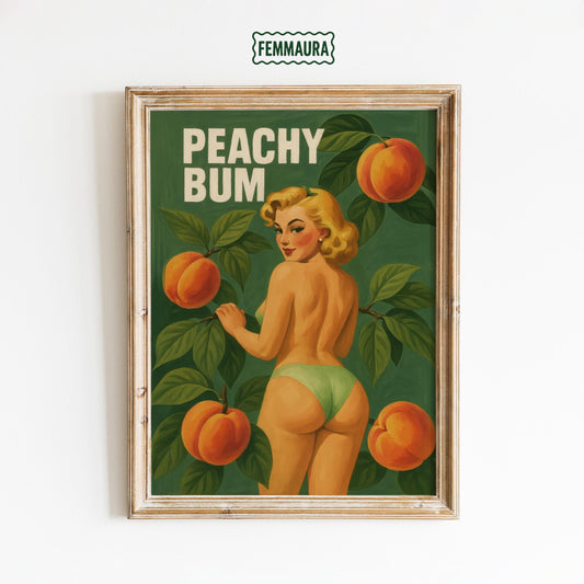 Peachy Bum Poster – Retro Pin-Up Art Print | Vintage Wall Decor, Flirty Peach