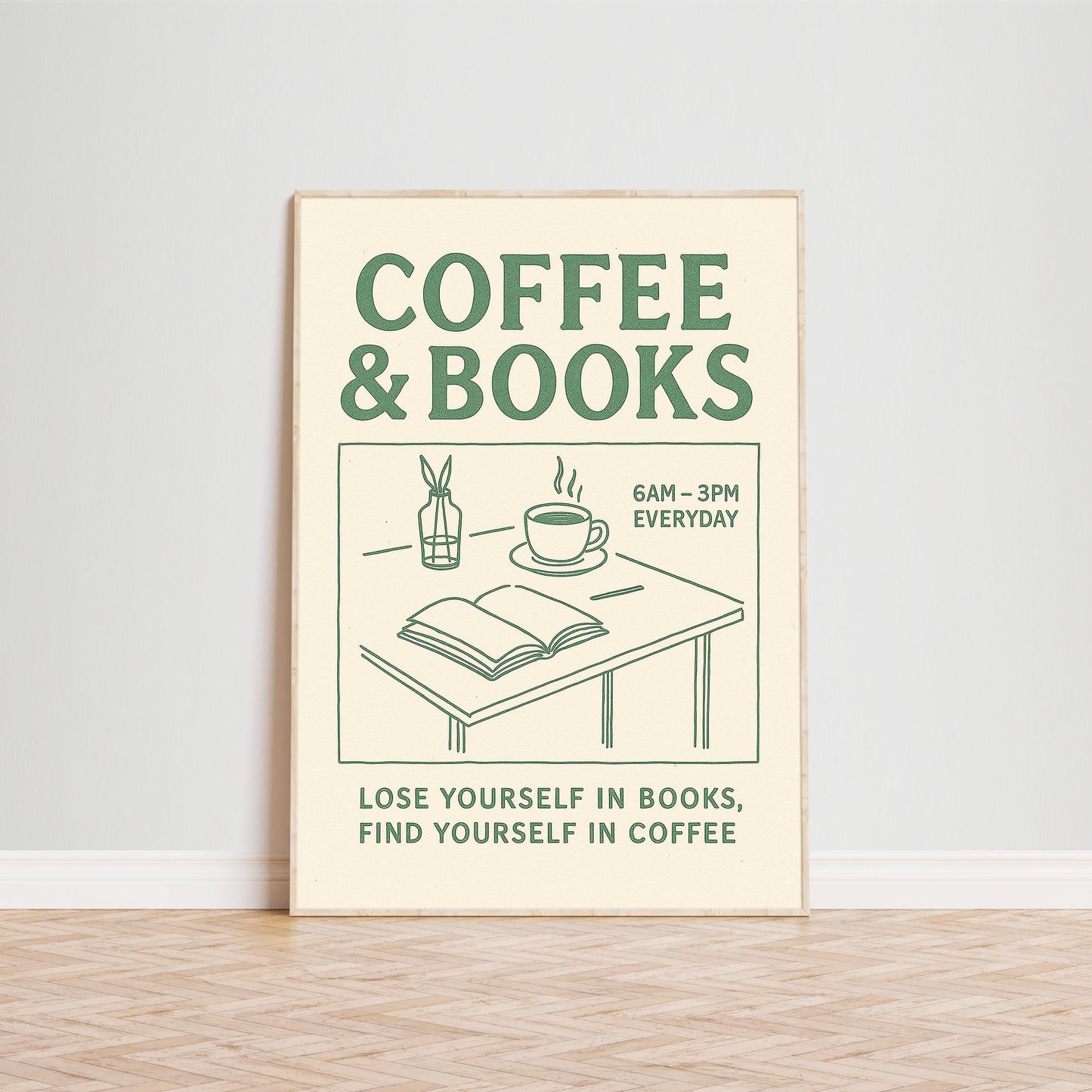 Minimalist Café Wall Art – Coffee Poster with Vintage Book Lover Print