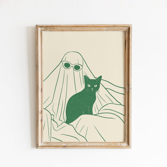 Ghost and Cat Poster – Minimal Spooky Chic Line Art Print