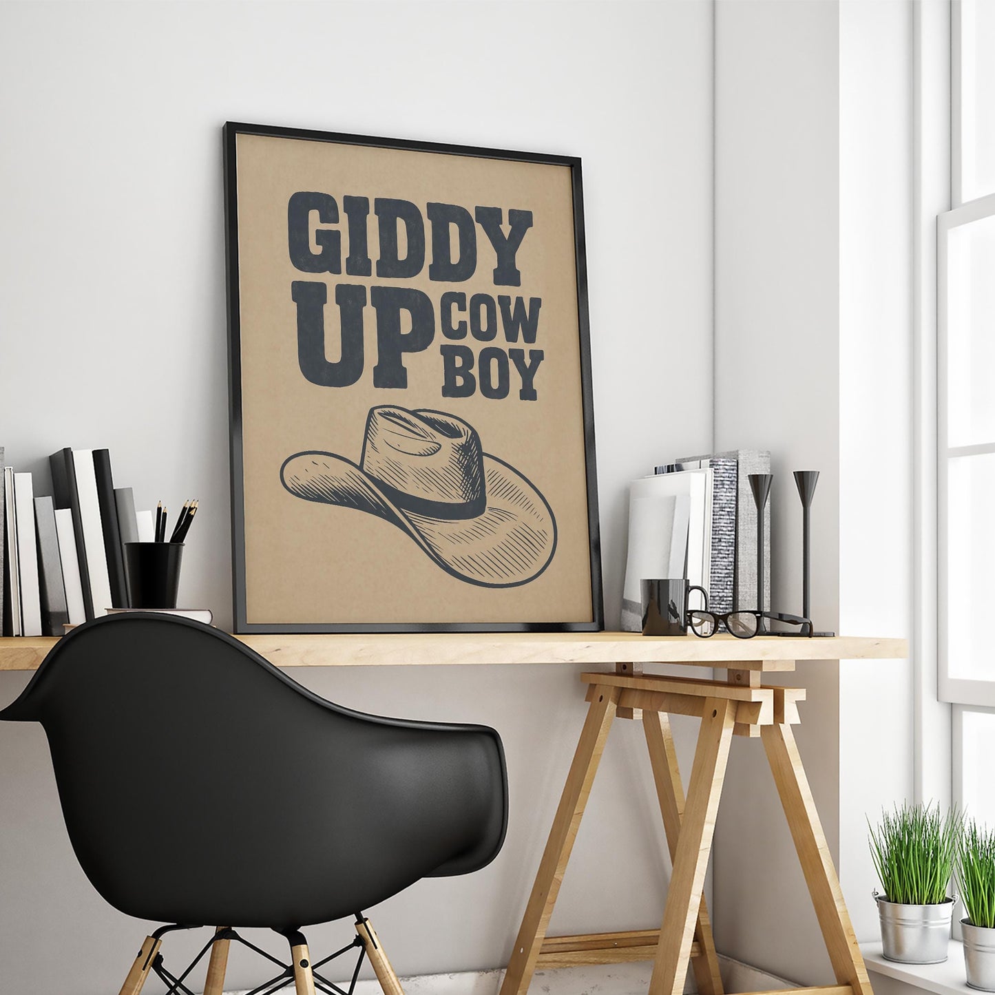 Giddy Up Cowboy Print – Rustic Western Wall Art with Hat Illustration